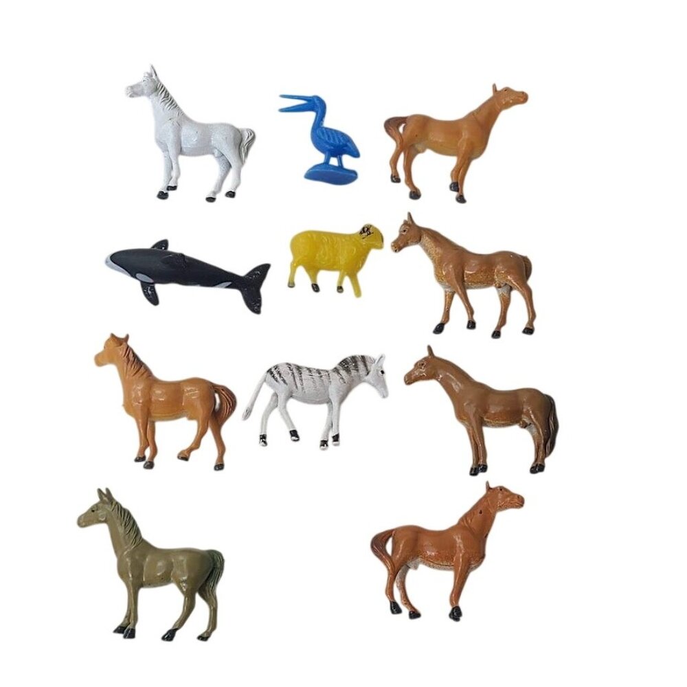 Lot of 11  2" Plastic Toy Animals Horses Shark Zebra Pelican Sheep Mixed Set